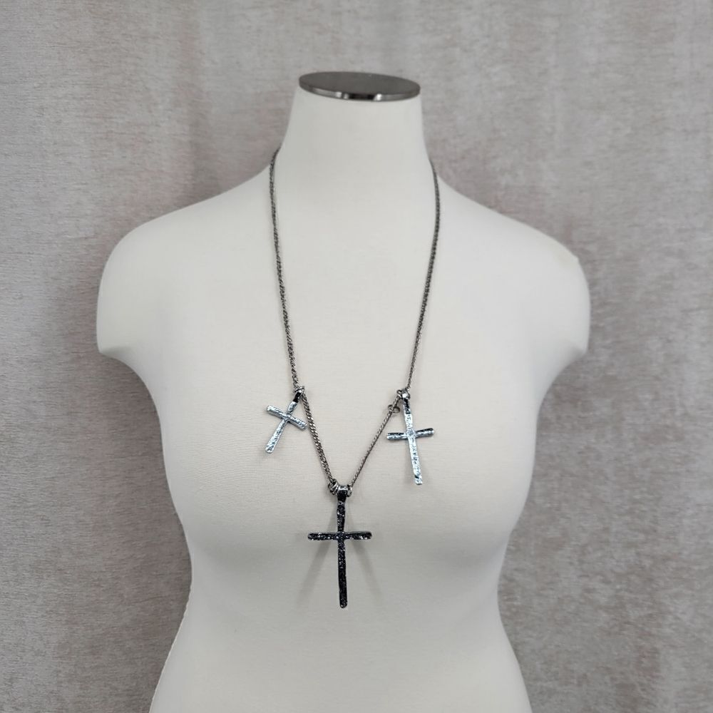 3 Cross Necklace Silver-toned Chain Hammered Metal Crosses